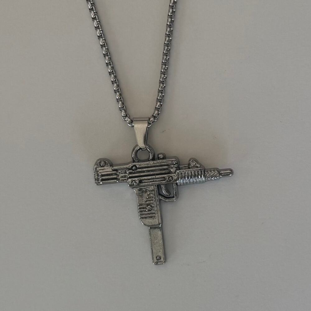 Y2K Silver Stainless Steel Uzi Necklace Urban Pendant Unisex Streetwear New - Picture 6 of 10